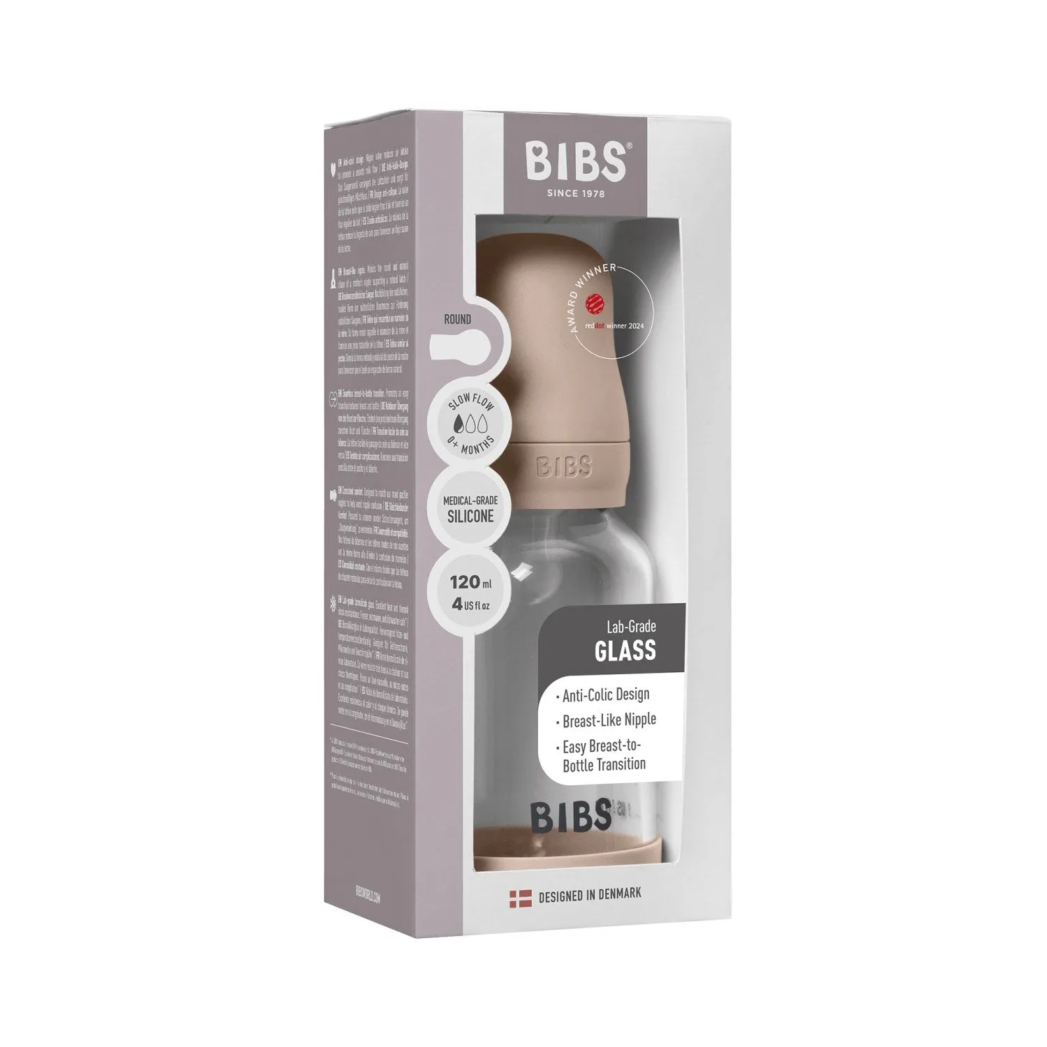 Bibs Blush Glass Baby Bottle Round Silicone Slow Flow