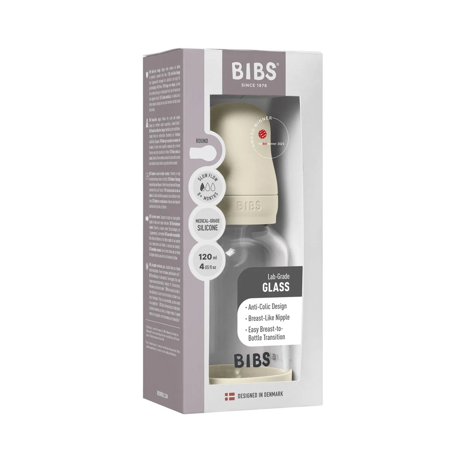 Bibs Ivory Glass Baby Bottle Round Silicone Slow Flow