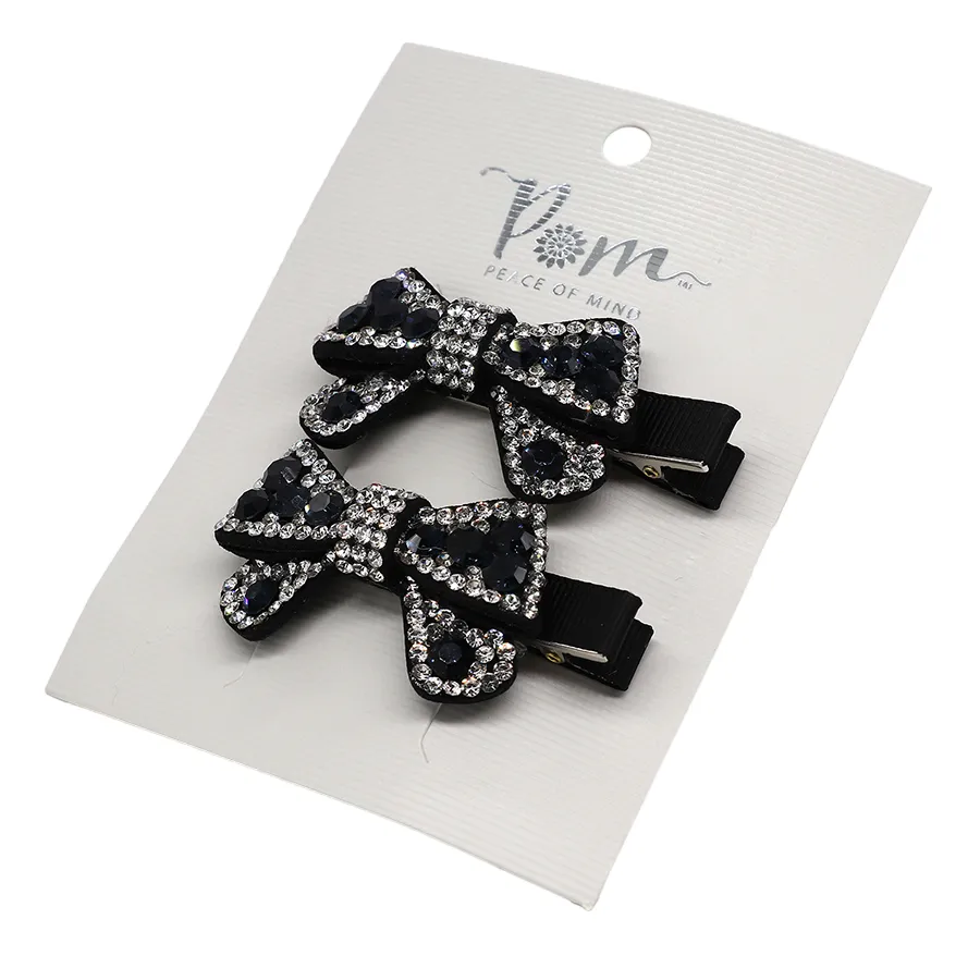 Crystal Bow Hair Clips | Black & Silver | Set of 2