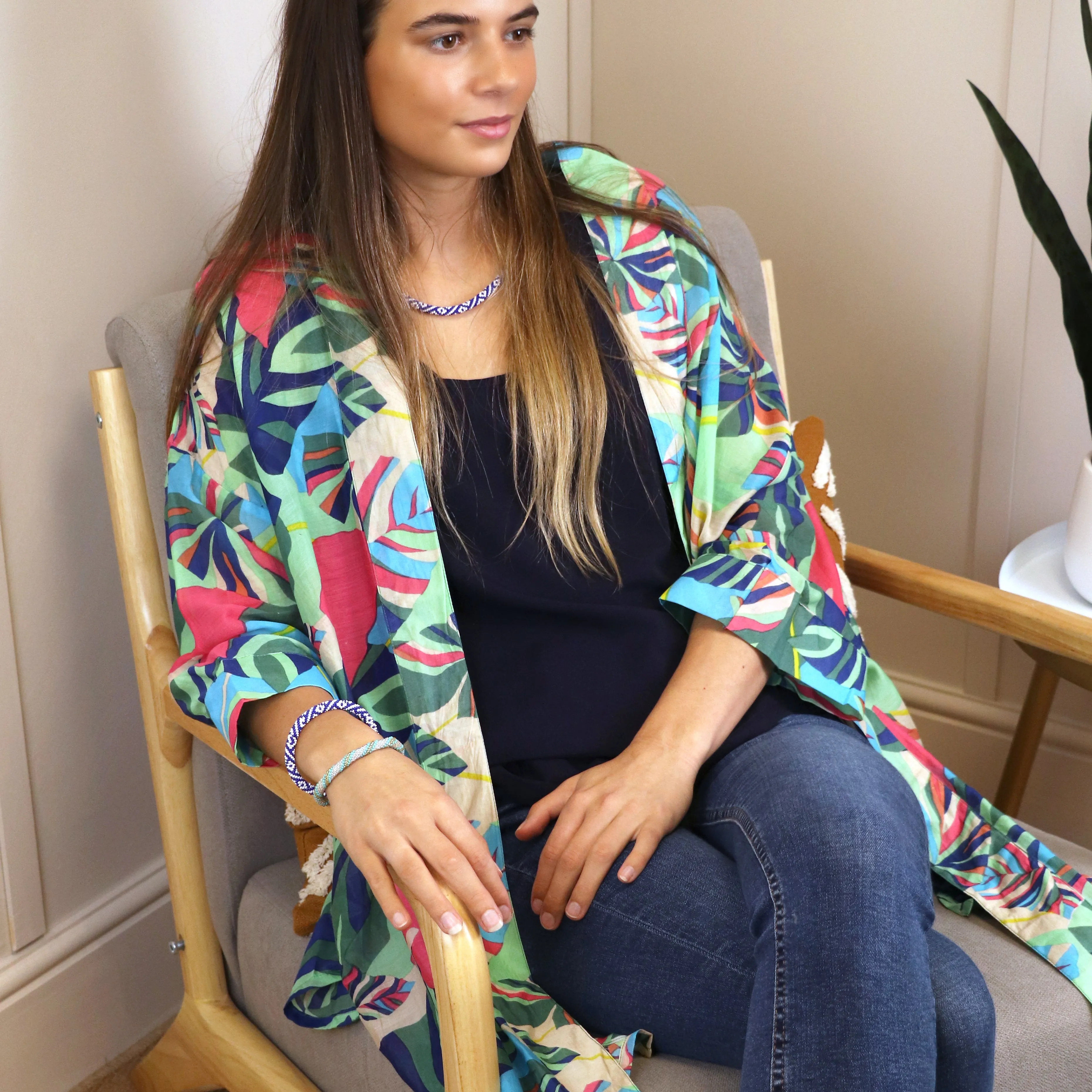 Tropical Leaf Print Kimono | Multicolour